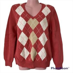 Izod Women's Sweater Large Rose Pink White Argyle V-neck Cotton Golf